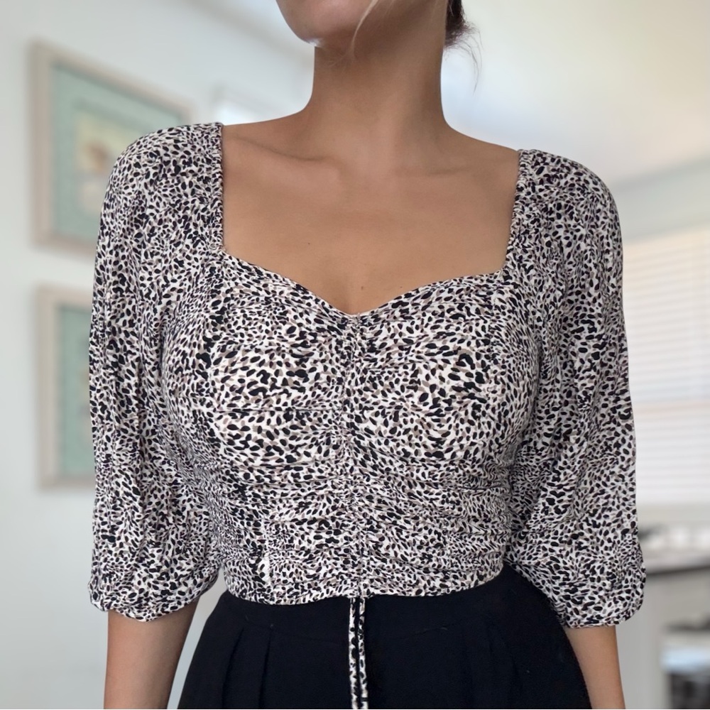 Japna Cheetah Print Ruched Drawstring 3/4 Sleeve Smocked Crop Top - Size M